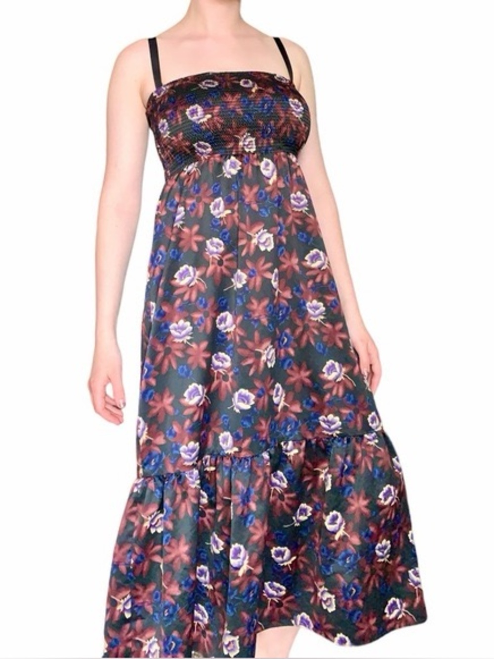 Free People Smocked Ruffle Satin Floral Maxi Dress Boho Y2K